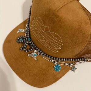 Tan suede cowgirl  Cap with Turquoise Charm Chains 
Great for any occasion/gifts